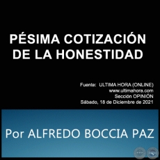 PÉSIMA COTIZACIÓN DE LA HONESTIDAD - Por ALFREDO BOCCIA PAZ - Sábado, 18 de Diciembre de 2021